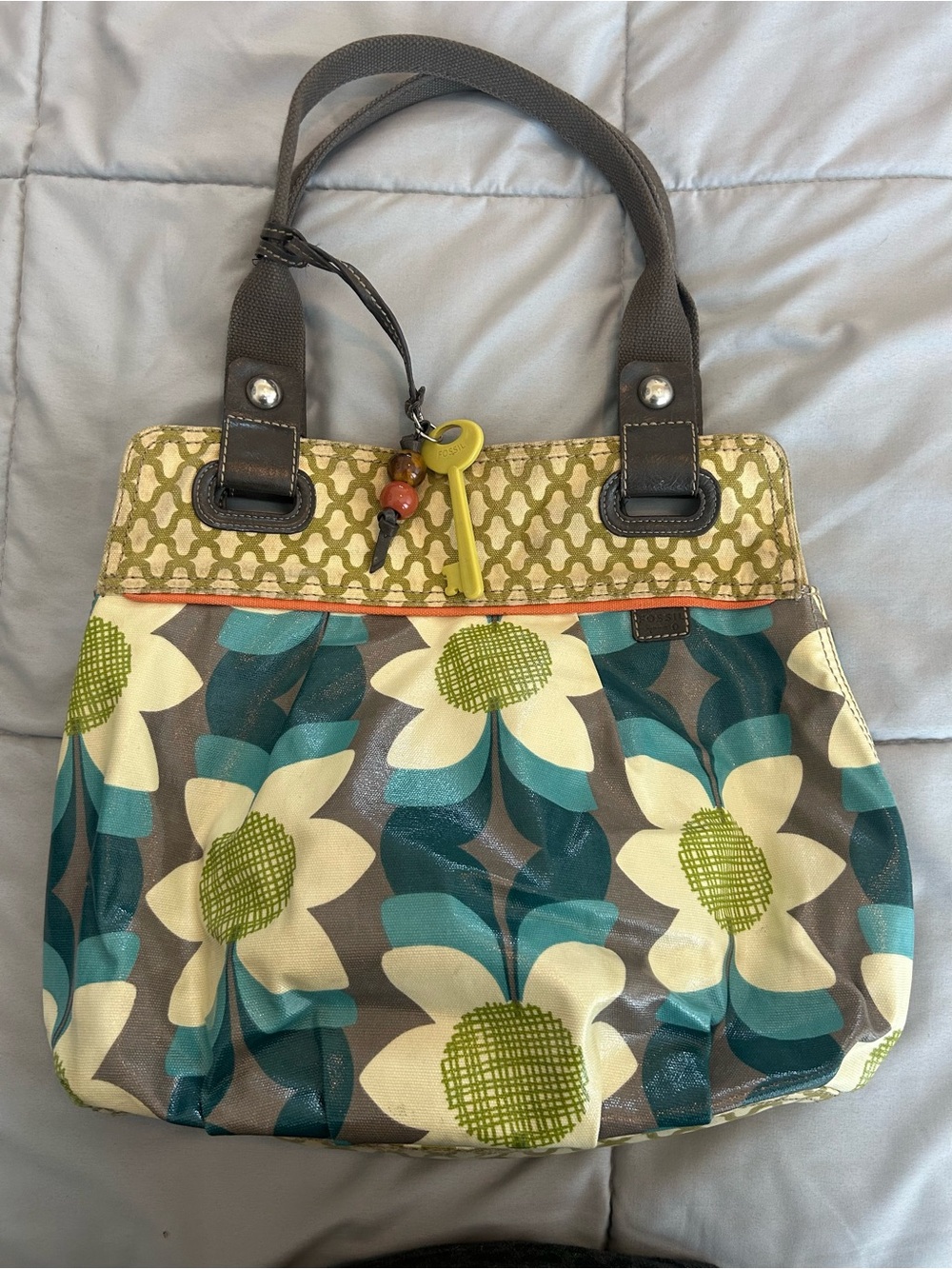 Fossil Teal, Cream & Green Floral Purse with Brown Handles